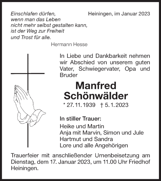 Traueranzeige von Manfred Schönwälder von NWZ Neue Württembergische Zeitung