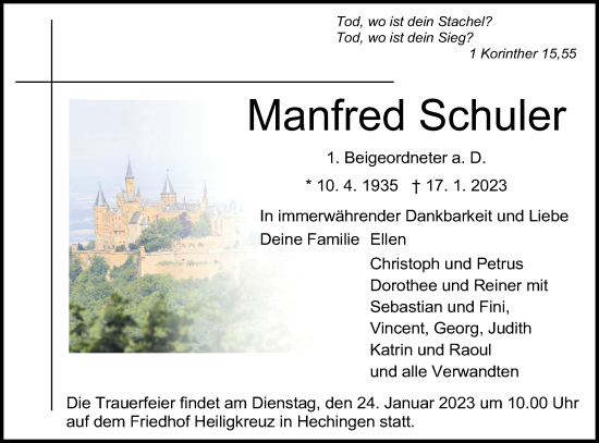 Traueranzeige von Manfred Schuler von Metzinger-Uracher Volksblatt