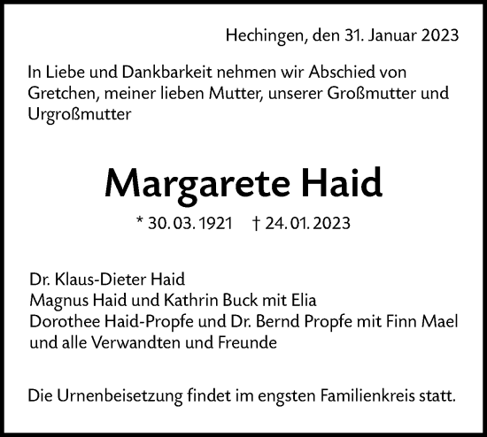 Traueranzeige von Margarete Haid von Metzinger-Uracher Volksblatt