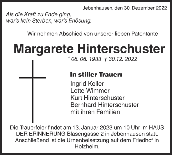 Traueranzeige von Margarete Hinterschuster von NWZ Neue Württembergische Zeitung