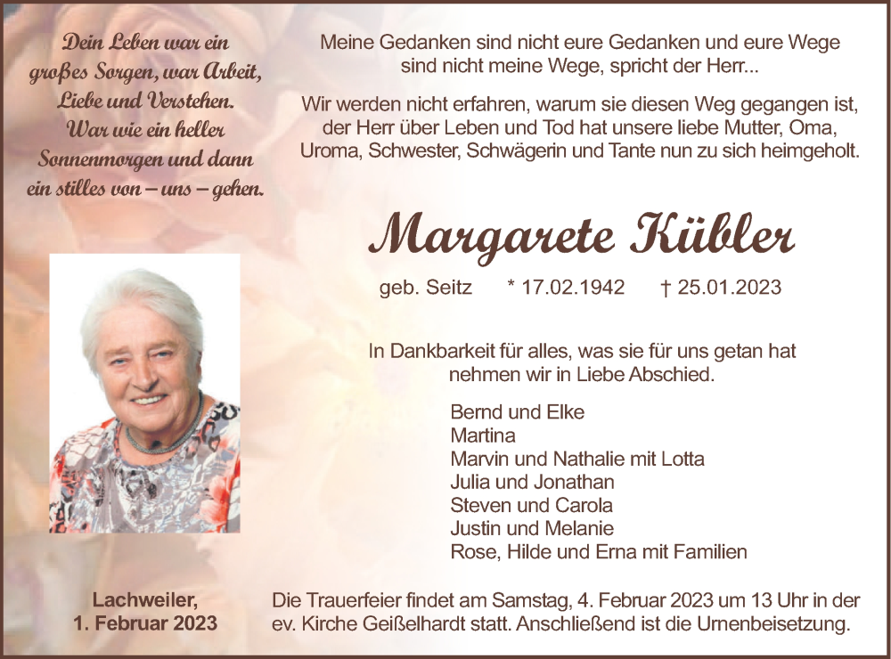  Traueranzeige für Margarete Kübler vom 01.02.2023 aus Haller Tagblatt