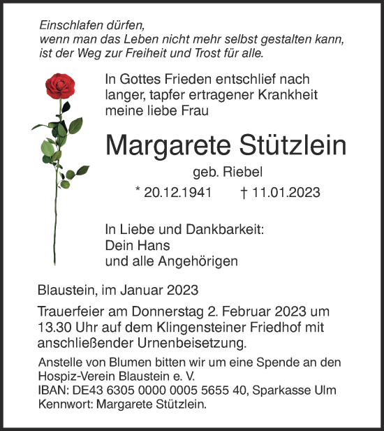 Traueranzeige von Margarete Stützlein von SÜDWEST PRESSE Ausgabe Ulm/Neu-Ulm