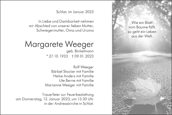 Traueranzeige von Margarete Weeger von NWZ Neue Württembergische Zeitung