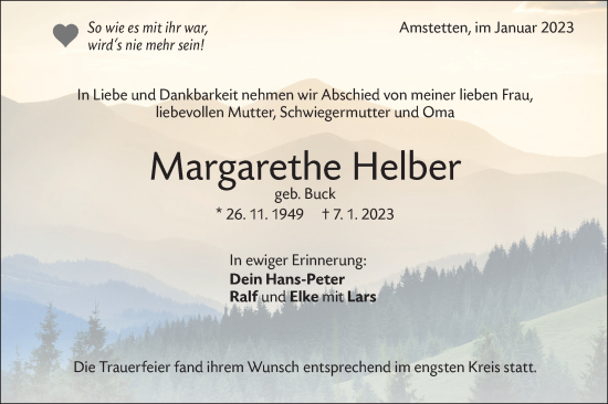 Traueranzeige von Margarethe Helber von Geislinger Zeitung