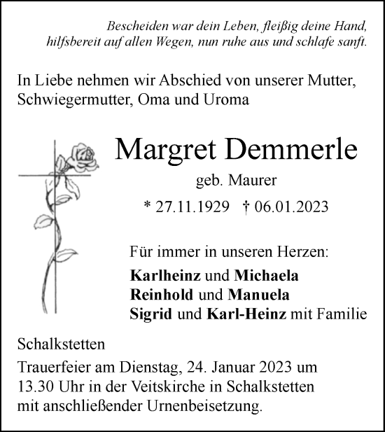 Traueranzeige von Margret Demmerle von Geislinger Zeitung