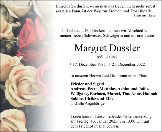 Traueranzeige von Margret Dussler von SÜDWEST PRESSE