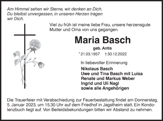 Traueranzeige von Maria Basch von Hohenloher Tagblatt