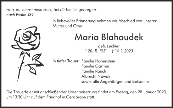 Traueranzeige von Maria Blahoudek von Hohenloher Tagblatt