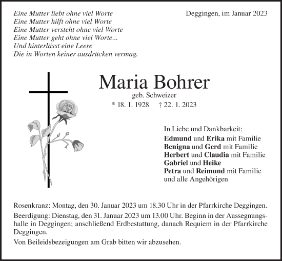 Traueranzeige von Maria Bohrer von Geislinger Zeitung