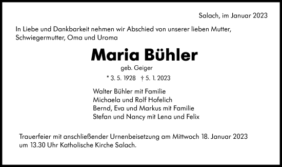 Traueranzeige von Maria Bühler von NWZ Neue Württembergische Zeitung