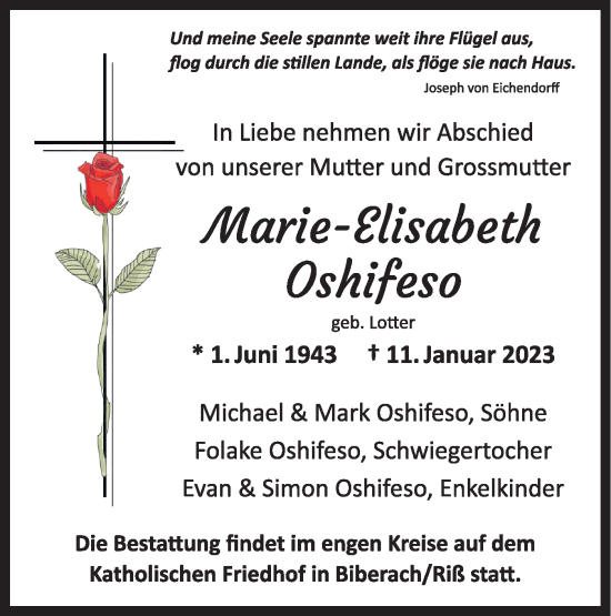 Traueranzeige von Maria-Elisabeth Oshifeso von Metzinger-Uracher Volksblatt