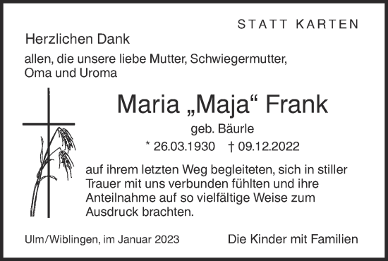 Traueranzeige von Maria Frank von SÜDWEST PRESSE Ausgabe Ulm/Neu-Ulm