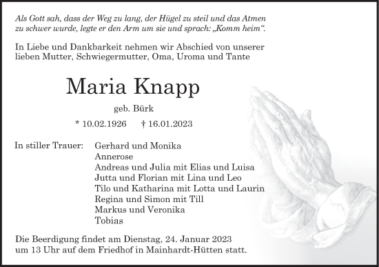 Traueranzeige von Maria Knapp von Haller Tagblatt