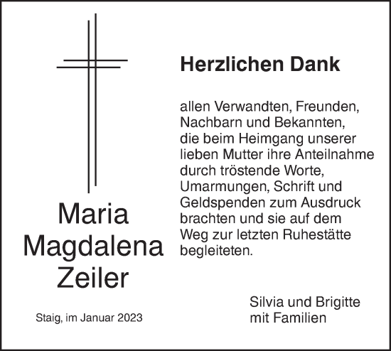 Traueranzeige von Maria MAgdalena Zeiler von SÜDWEST PRESSE Ausgabe Ulm/Neu-Ulm