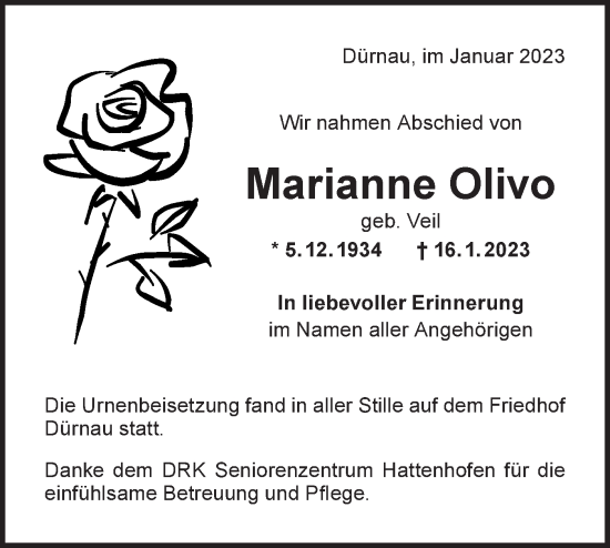 Traueranzeige von Marianne Olivo von NWZ Neue Württembergische Zeitung