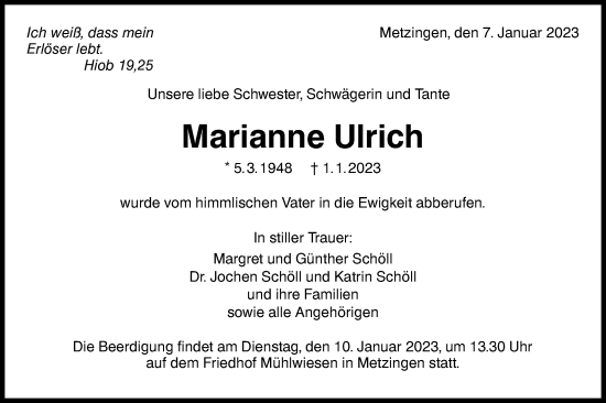 Traueranzeige von Marianne Ulrich von Metzinger-Uracher Volksblatt