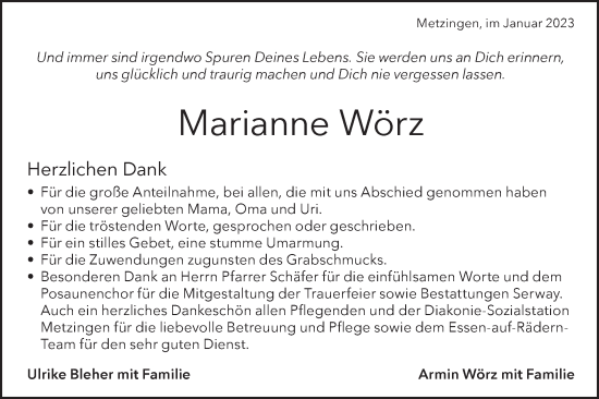 Traueranzeige von Marianne Wörz von Metzinger-Uracher Volksblatt