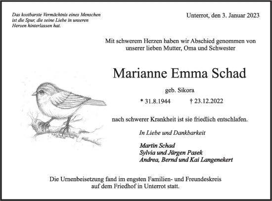 Traueranzeige von Marianne Emma Schad von Rundschau Gaildorf