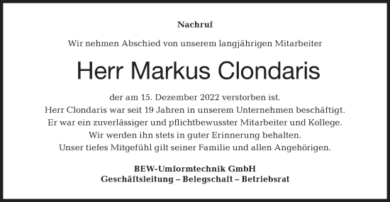 Traueranzeige von Markus Clondaris von Haller Tagblatt