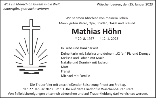 Traueranzeige von Mathias Höhn von NWZ Neue Württembergische Zeitung