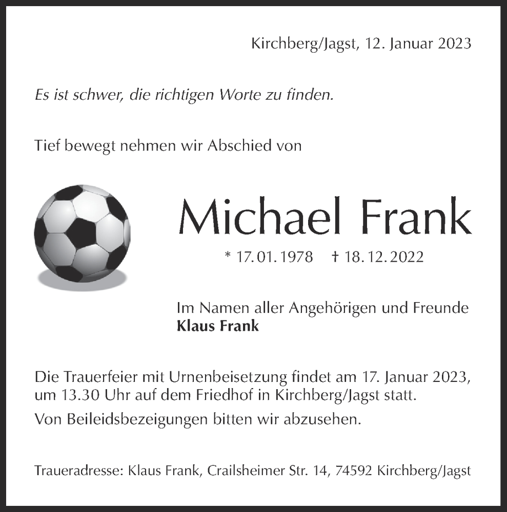  Traueranzeige für Michael Frank vom 13.01.2023 aus Hohenloher Tagblatt