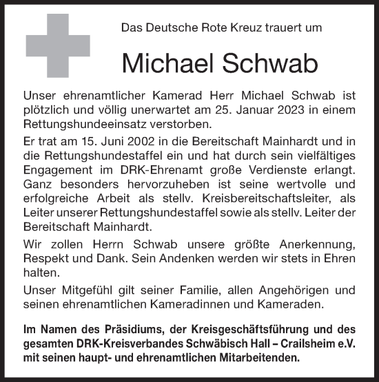 Traueranzeige von Michael Schwab von Haller Tagblatt