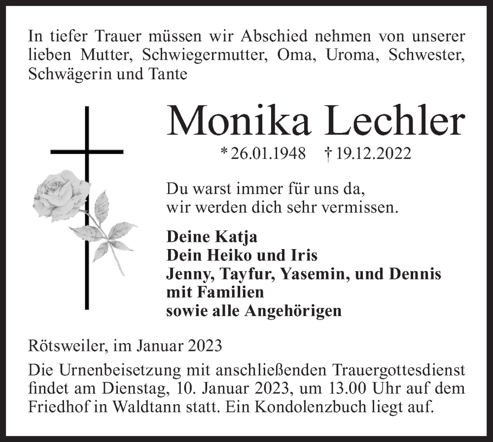  Traueranzeige für Monika Lechler vom 05.01.2023 aus Hohenloher Tagblatt