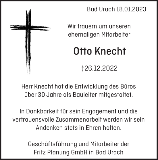 Traueranzeige von Otto Knecht von Metzinger-Uracher Volksblatt