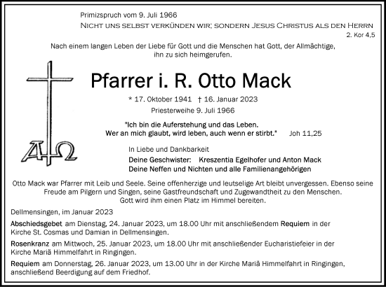 Traueranzeige von Otto Mack von SÜDWEST PRESSE Ausgabe Ulm/Neu-Ulm