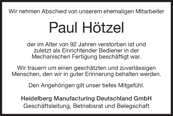 Traueranzeige von Paul Hötzel von Geislinger Zeitung