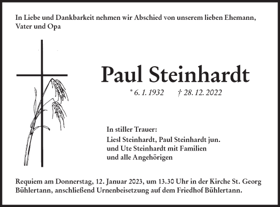 Traueranzeige von Paul Steinhardt von Haller Tagblatt