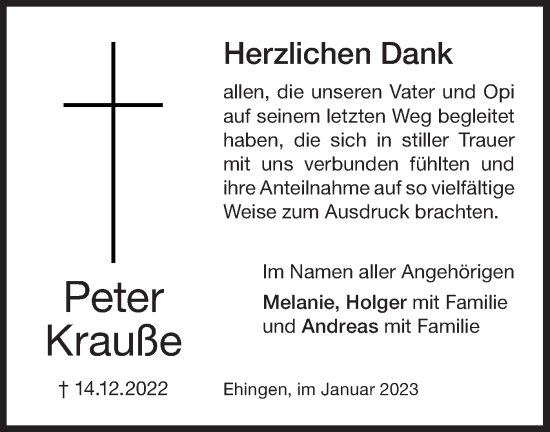 Traueranzeige von Peter Krauße von Ehinger Tagblatt