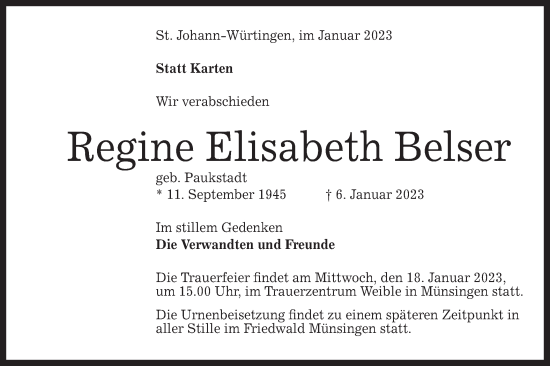 Traueranzeige von Regine Elisabeth Belser von Alb-Bote/Metzinger-Uracher Volksblatt