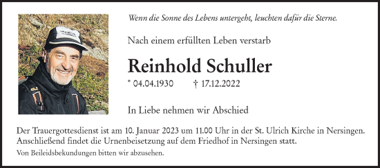 Traueranzeige von Reinhold Schuller von SÜDWEST PRESSE Ausgabe Ulm/Neu-Ulm