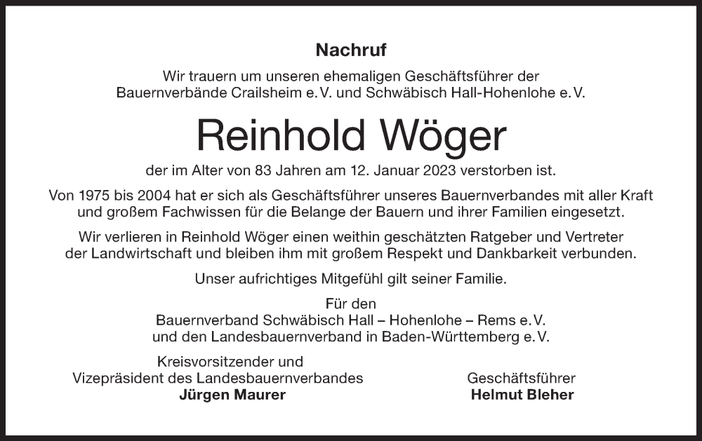  Traueranzeige für Reinhold Wöger vom 20.01.2023 aus Hohenloher Tagblatt