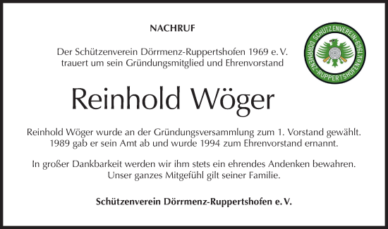 Traueranzeige von Reinhold Wöger von Hohenloher Tagblatt