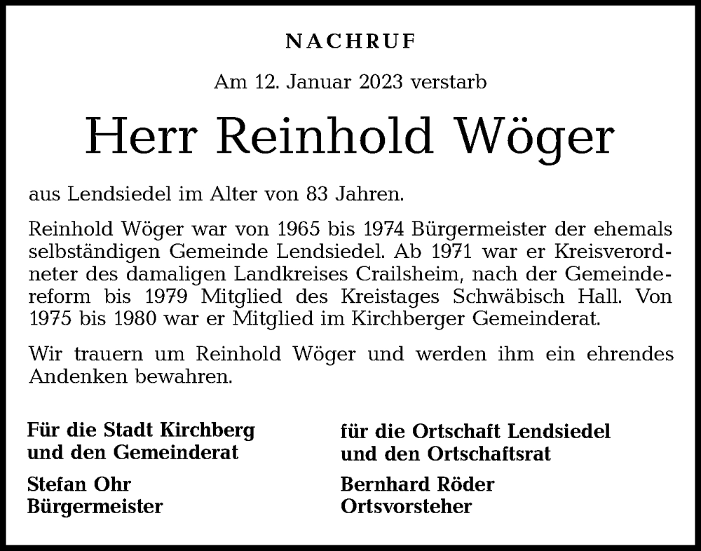  Traueranzeige für Reinhold Wöger vom 19.01.2023 aus Hohenloher Tagblatt