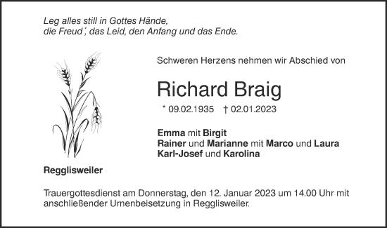 Traueranzeige von Richard Braig von SÜDWEST PRESSE Ausgabe Ulm/Neu-Ulm