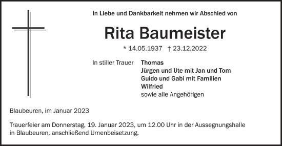 Traueranzeige von Rita Baumeister von SÜDWEST PRESSE