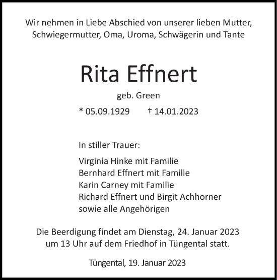 Traueranzeige von Rita Effnert von Haller Tagblatt