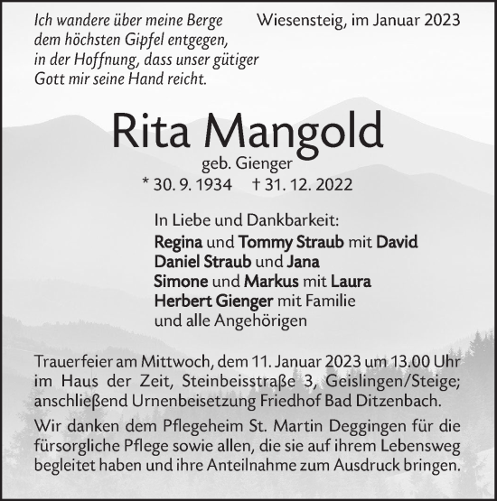 Traueranzeige von Rita Mangold von Geislinger Zeitung