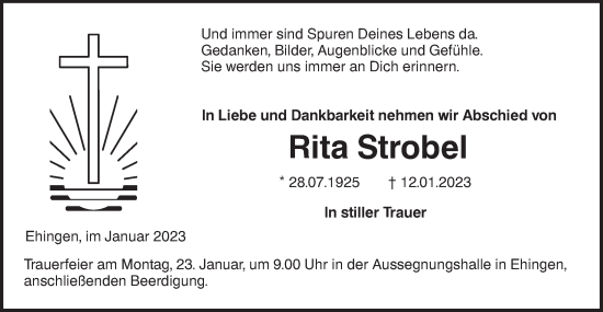 Traueranzeige von Rita Strobel von Ehinger Tagblatt