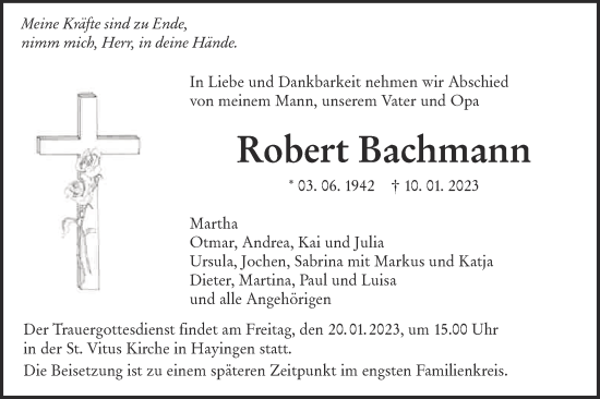 Traueranzeige von Robert Bachmann von Alb-Bote/Metzinger-Uracher Volksblatt