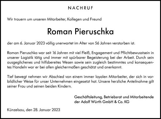 Traueranzeige von Roman Pieruschka von Hohenloher Tagblatt