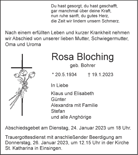 Traueranzeige von Rosa Bloching von SÜDWEST PRESSE Ausgabe Ulm/Neu-Ulm