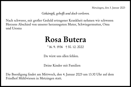 Traueranzeige von Rosa Butera von Alb-Bote/Metzinger-Uracher Volksblatt