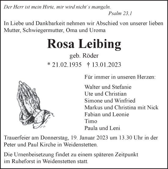 Traueranzeige von Rosa Leibing von SÜDWEST PRESSE Ausgabe Ulm/Neu-Ulm