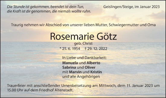 Traueranzeige von Rosemarie Götz von Geislinger Zeitung