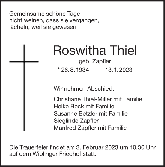 Traueranzeige von Roswitha Thiel von SÜDWEST PRESSE Ausgabe Ulm/Neu-Ulm