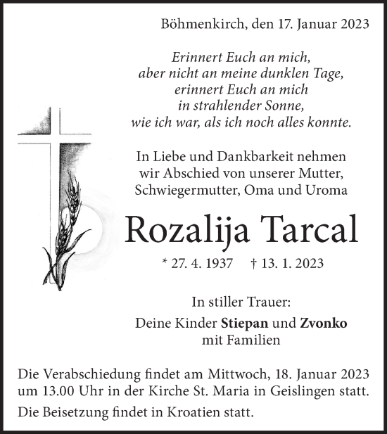 Traueranzeige von Rozalija Tarcal von Geislinger Zeitung